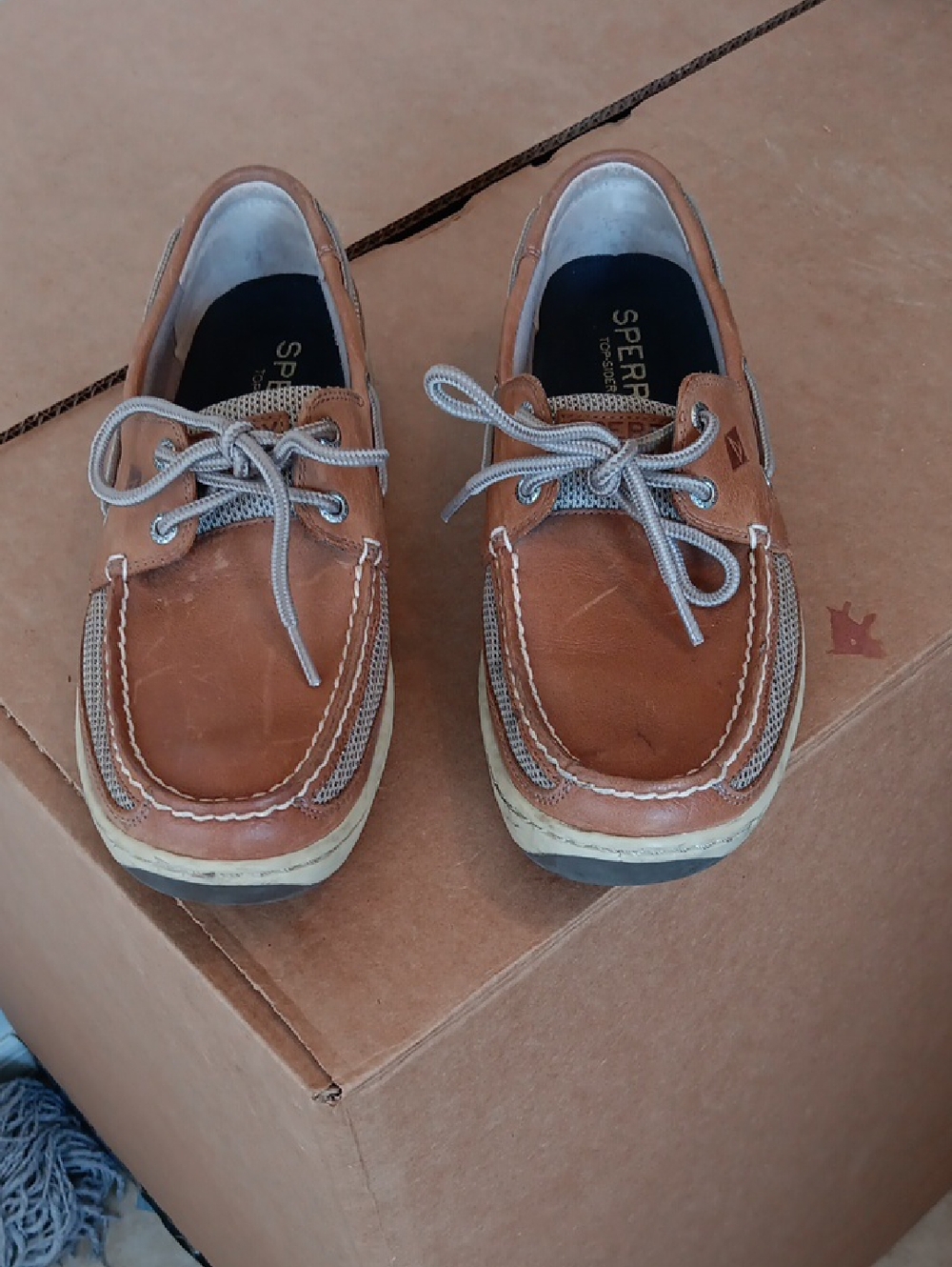 Sperry Tan Leather Mesh-Trim Boat Shoes